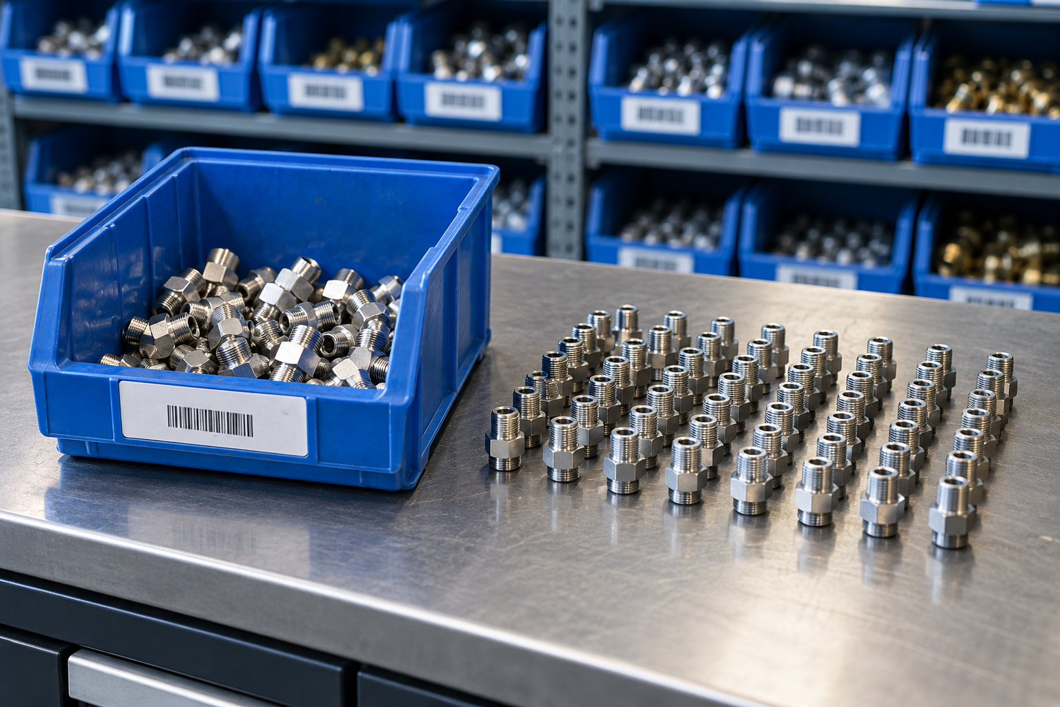 Illustrative selected parts bin with fittings arranged for a cycle count