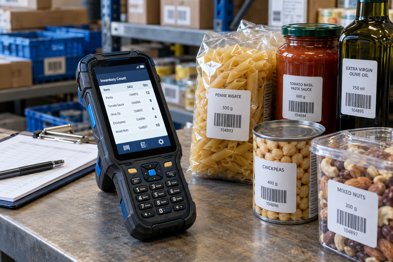 Illustrative barcode scanner beside labelled retail products