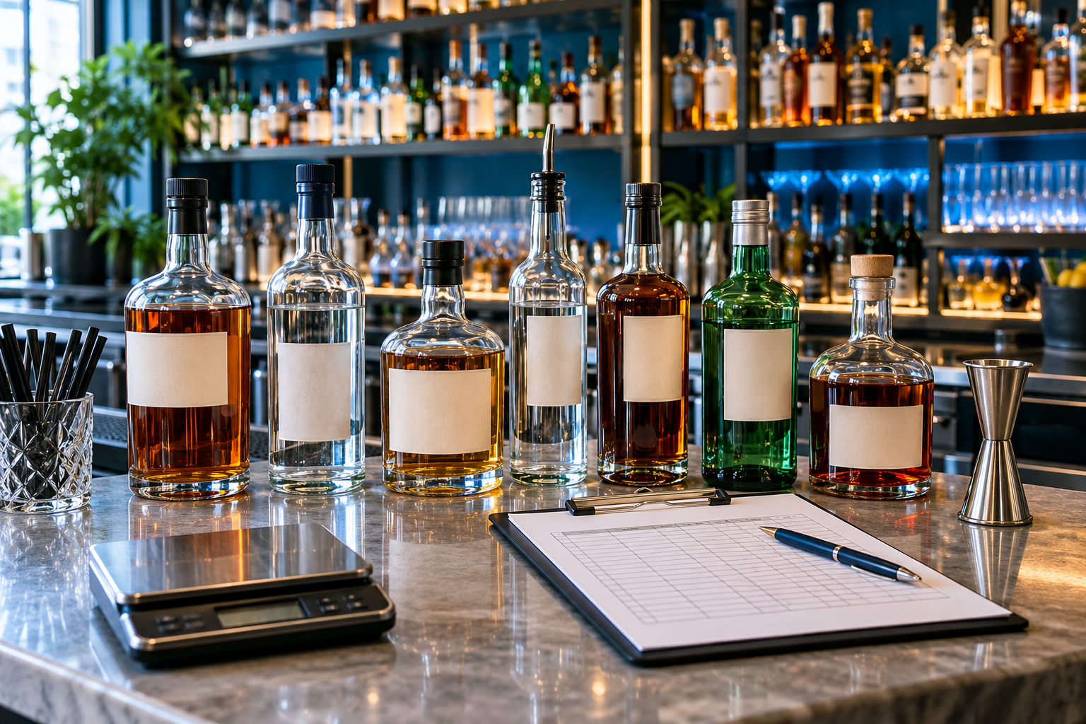 Illustrative bar stock count with spirits bottles and a count sheet