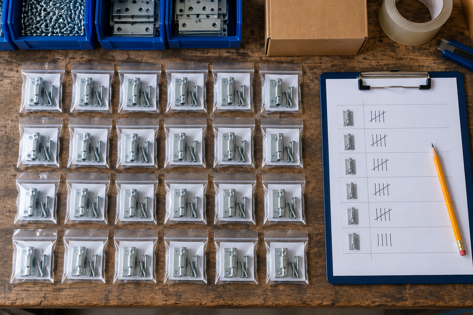 Illustrative manual count with products, tally sheet and pencil