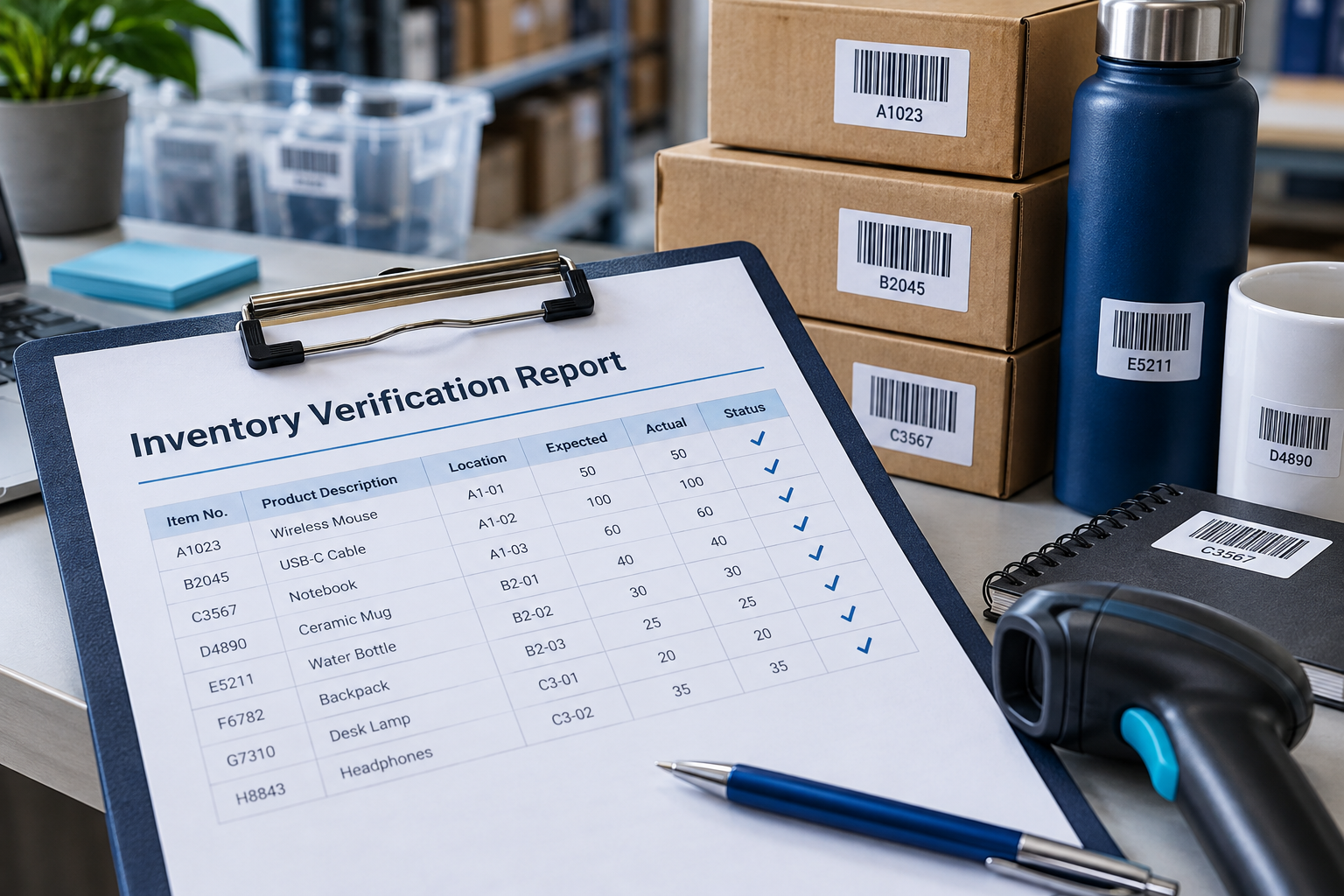 Illustrative inventory verification report beside labelled product samples
