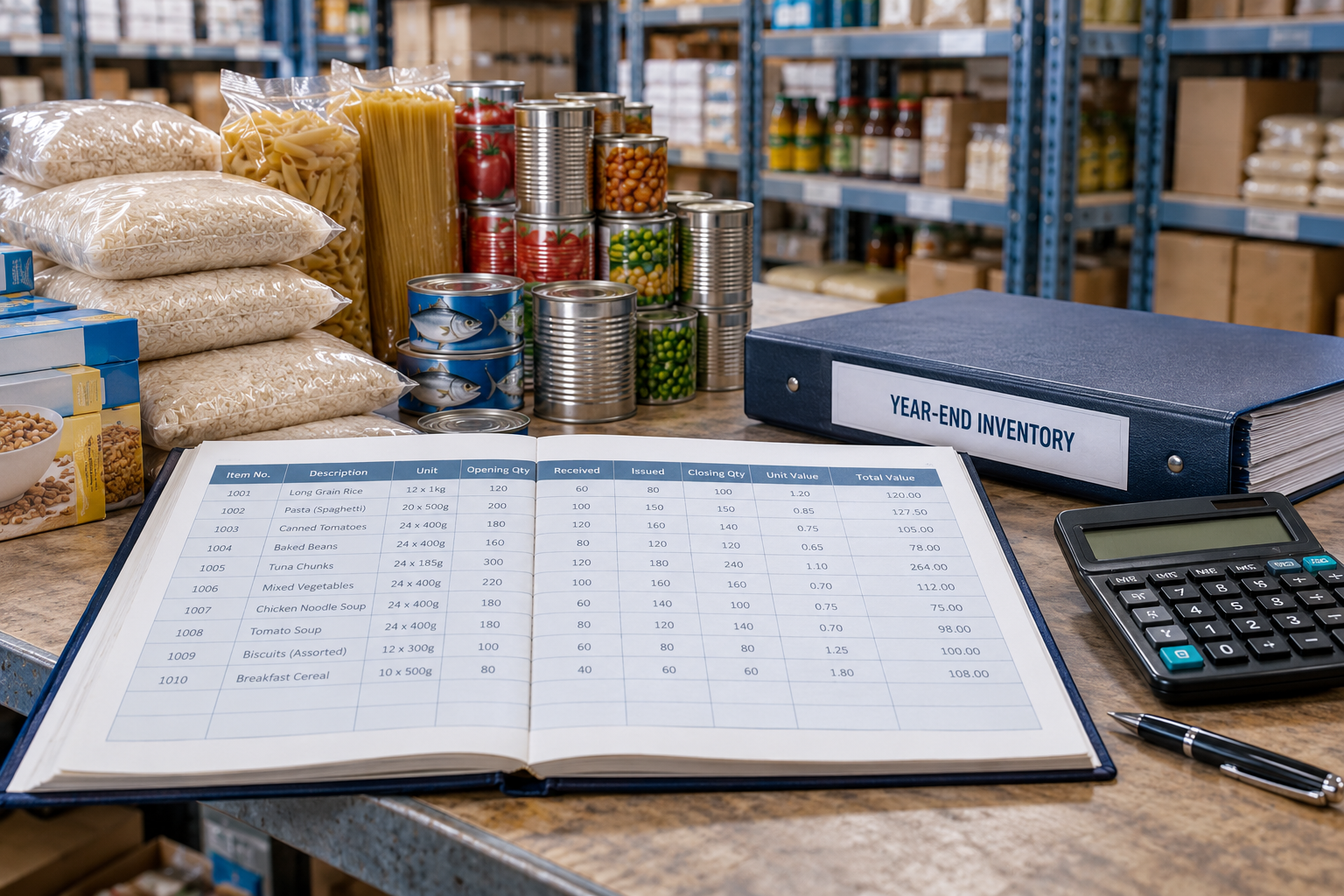 Illustrative year-end inventory records, calculator and packaged stock
