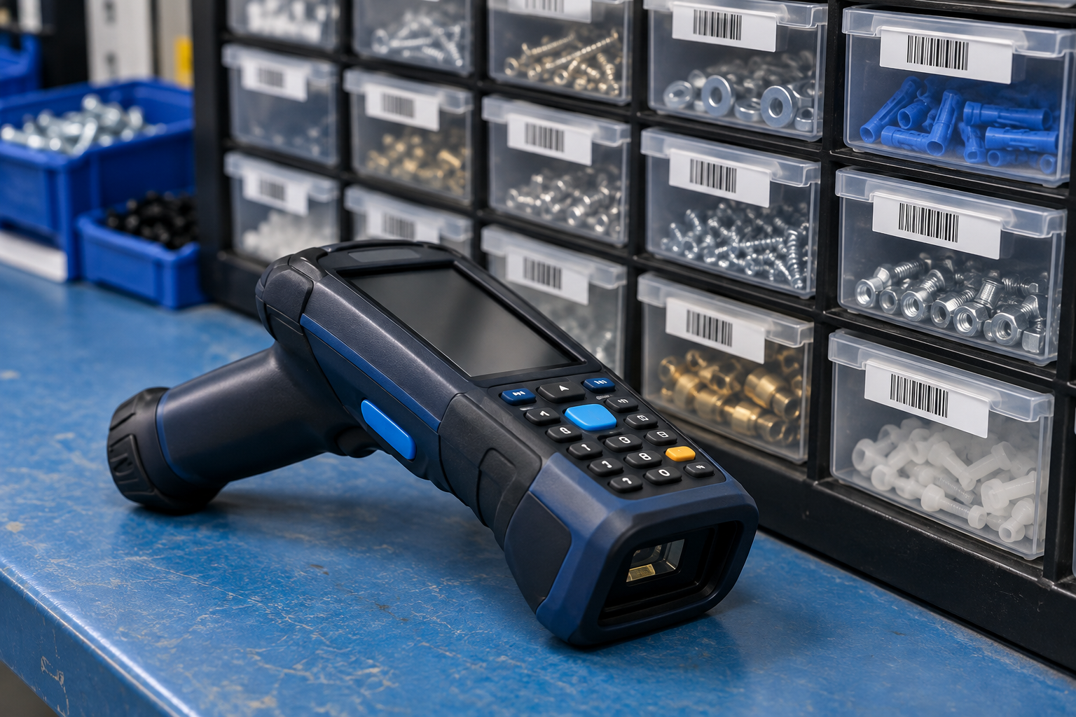 Illustrative handheld stock-count scanner beside parts drawers