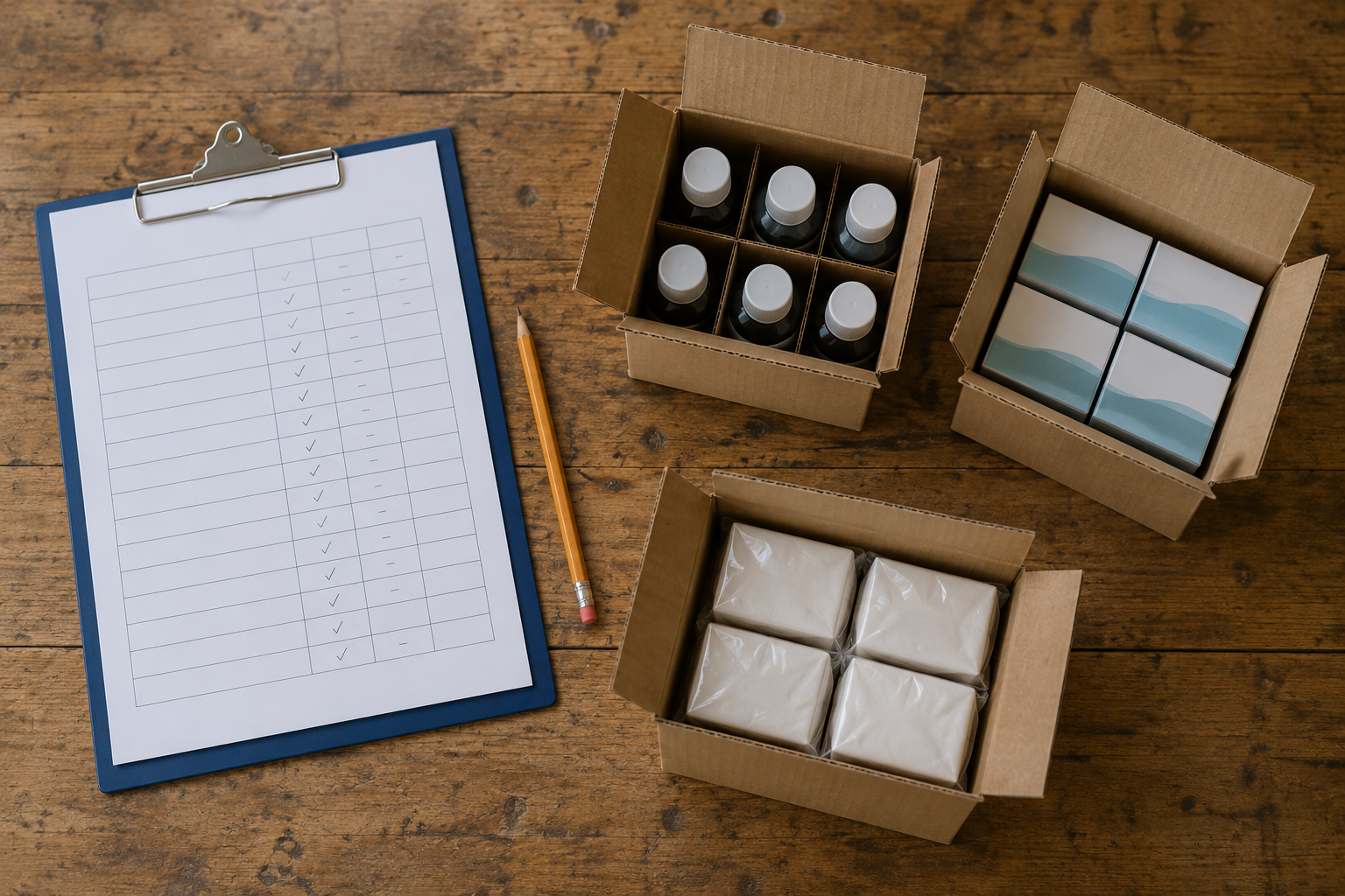 Illustrative manual stock count sheets beside product cartons