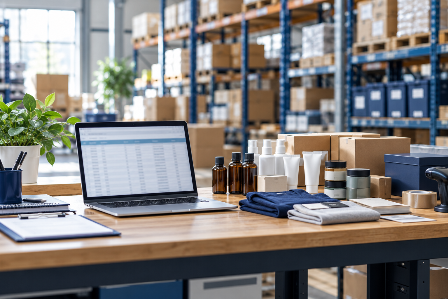 Illustrative stock valuation workspace with a laptop and organised products